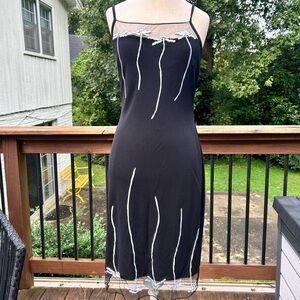 Cache Y2K Black slinky dress mesh White embroidered flowers dragonfly